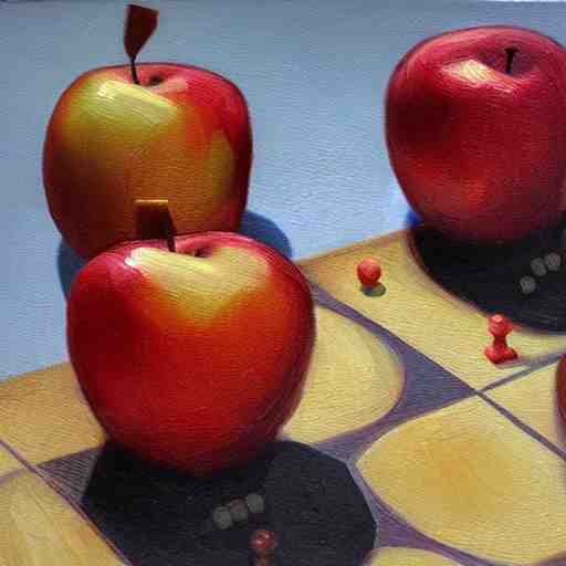 two apples playing chess, realistic oil paint 