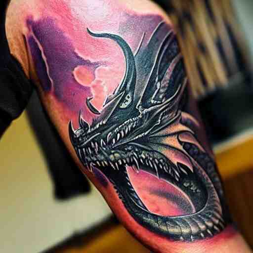 dark and vibrant spiraling fantasy dragon drake wyvern, forearm tattoo