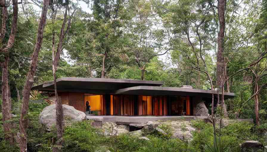small modern house, tibetan inspired architecture, on a green hill between trees and big boulders, frank lloyd wright, photorealistic, cyberpunk 
