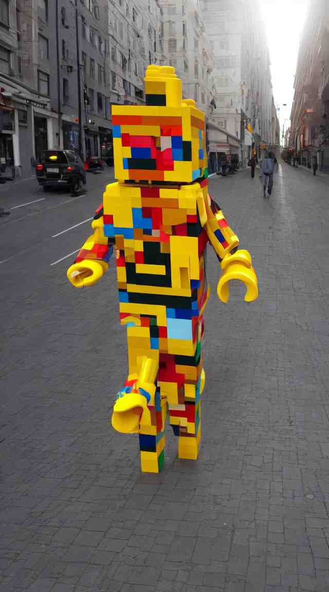 hyperrealistic giant lego man walking through street, street view, epic lighting, composition 