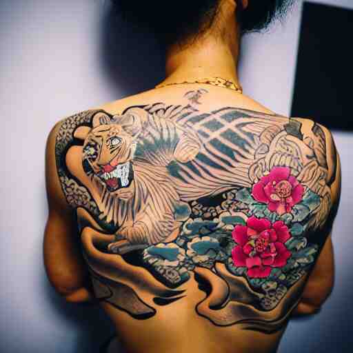 photography of the back of a woman with an detailed irezumi tatto representing a tiger with flowers, mid-shot, editorial photography