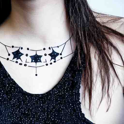 close up studio portrait photograph of a woman's collar bone tattoo of constellation molecules stars chemistry 