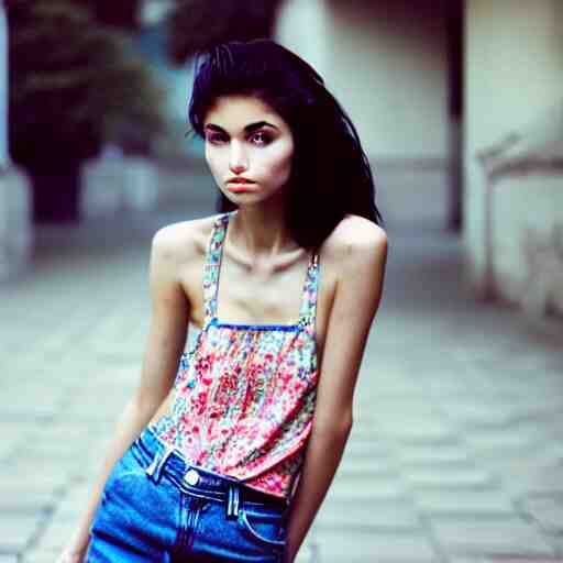 she, amazing, snapshot of, face, eyes, hair, neck of beautiful, fashionable, elegant, conservative, young, uzbek, fashion model and student, slender, tank top, denim shorts. image quite stunningly complex. nikon fm 2 film blow - up 