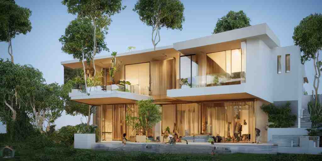 3d rendering  of beautiful nature meets architecture concept of a residential house. balinese architecture, volumetric lighting, high detail, 14mm,  glass railing, outdoor staircase, terraces, roof garden, cinematic photography, cg architects,  high resolution