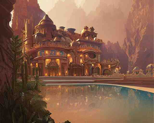 art deco palace in the desert, fantasy, intricate, elegant, highly detailed, digital painting, artstation, concept art, matte, sharp, illustration, hearthstone, art by artgerm and greg rutkowski and alphonse mucha 