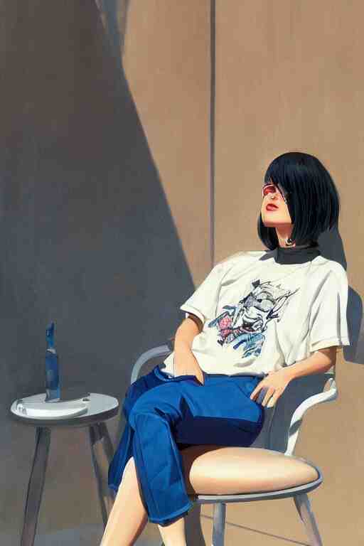 A ultradetailed beautiful panting of a stylish woman looking at the camera, she is wearing streetwear, she is sitting on a chair, bright sunny day, Oil painting, by Ilya Kuvshinov, Greg Rutkowski and Makoto Shinkai