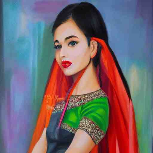 a beautiful oil painting of cute girl wearing modern stylish costume in the style of Assamese bihu mekhela sador gamosa design, commercial fashion design art concept