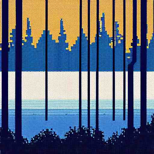 pixel art of a lake at night in a forest, dark blue colors 