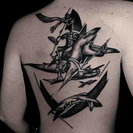 flash tattoo of skeleton riding rocket in the shape of shark, black and white by sailor jerry, curt montgomery, bangbangnyc, ryan ashley, killkenny 