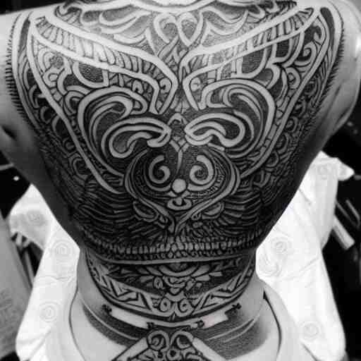 a tattoo written in text sanskrit on back of beautiful muscular women by famous tattoo artist black and white 8 k 