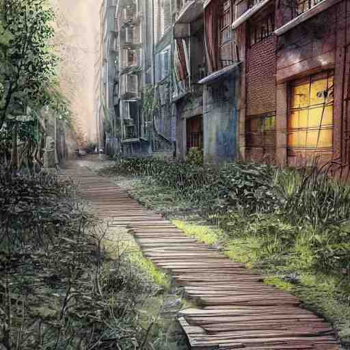 Wooden footpath next to narrow canal between buildings in beautiful overgrown futuristic sci-fi city in harmony with nature. Nice colour scheme, soft warm colour. Beautiful detailed watercolor by Lurid. (2022)