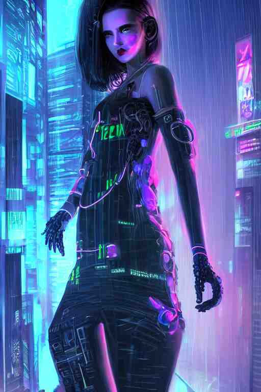 portrait futuristic nefarious cyberpunk young female Necromancer, in futuristic rainny thunder flashing tokyo rooftop cyberpunk night, ssci-fi, fantasy, intricate, very very beautiful, elegant, neon light, highly detailed, digital painting, artstation, concept art, soft light, hdri, smooth, sharp focus, illustration, art by tian zi and craig mullins and WLOP and alphonse mucha