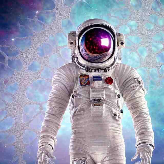 realistic extremely detailed  photo style  painting of a complete  astronaut suit with exposed diamond 3d fractal lace iridescent bubble 3d skin clear brain+ one hand holding a glowing sparkle plasma spear and multiple chest  arm and legs chelate appendages and in a jumping float Pose
,opal ruby diamond iridescent fractal lace bubble materials,against a psycadelic  wavy lace wall,
monolithic retro futuristic ,water , by style hybrid mix of beeple+Anton Pieck+Jean Delville+ Amano,Yves Tanguy+ Alphonse Mucha+ Ernst Haeckel+ Edward Robert Hughes+Stanisław Szukalski , compound eys lenses,
rich moody colors,diamond dust glitter and sparkles, granular detail,holographic krypton ion,blue eyes,octane render,4k,
f32,55mm photography,wide angle ,jumping float Pose,full shot,  