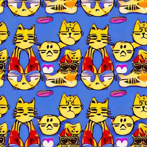 pattern made of several repeating cats wearing sunglasses. cartoon. colorful. cute. 