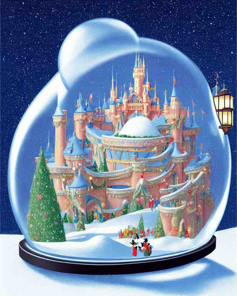 an achingly beautiful print of one cylindrical snow globe with disneyland inside by raphael, hopper, and rene magritte. detailed, proportional, romantic, vibrant, enchanting, trending on artstation 