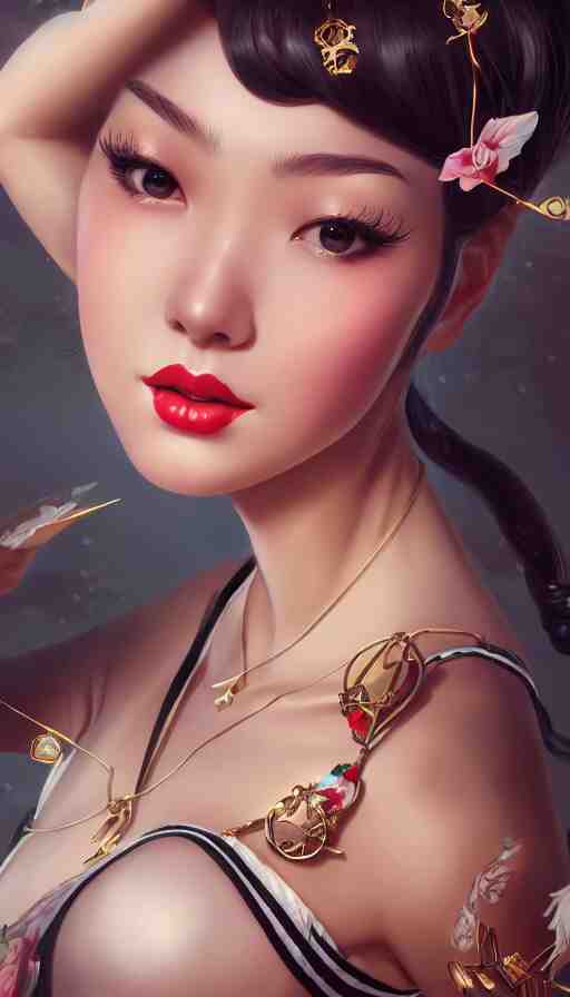 a pin up and beautiful fashion and charming and dreamlke asian girl with lv jewelry, medium shot, art by artgerm & ross tran & wlop, hyperdetailed, 8 k realistic, symmetrical, frostbite 3 engine, cryengine, dof, trending on artstation, digital art 