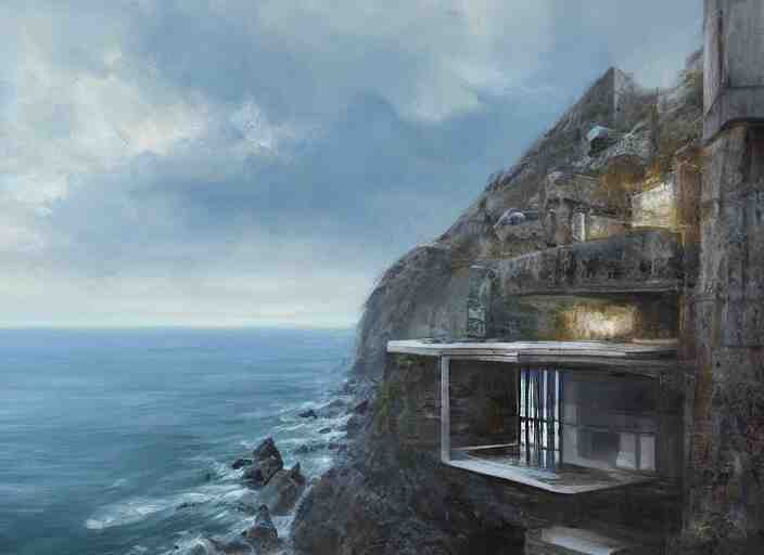 brutalist house, coastal perched on a cliff overlooking a magnificient bay, concept art oil painting by Jama Jurabaev, extremely detailed, brush hard, artstation