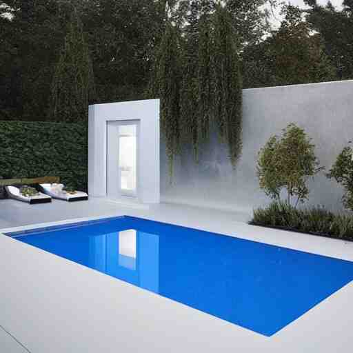 a new swimming pool in a large white room with a door that leads to a gray room with on light on in it. dream like. 