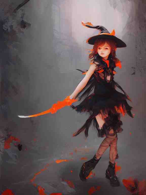 Full shot of a cute mischievous young witch about to get up to some trouble. Black and Orange palette. By Ruan Jia and Artgerm and Range Murata and WLOP and CLAMP and Loish. Key Art. Fantasy Illustration. award winning, Artstation, intricate details, realistic, Hyperdetailed, 8k resolution.