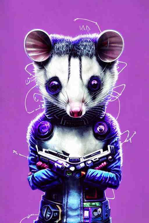 a beautiful portrait of a cute cyberpunk opossum aaaaaaaaaa by sandra chevrier and greg rutkowski and wlop, purple blue color scheme, high key lighting, volumetric light, digital art, highly detailed, fine detail, intricate, ornate, complex, octane render, unreal engine, photorealistic 