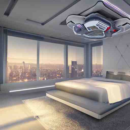 a futuristic luxury white bedroom with ceiling high windows looking out to a cyberpunk cityscape with flying cars, night time, neon lights, cinematic 3d render