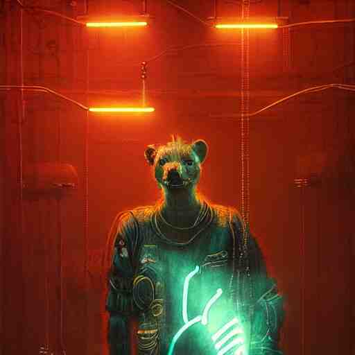 cyberpunk dystopian cyborg hyena, wires and glowing lights, beksinski style, realism 