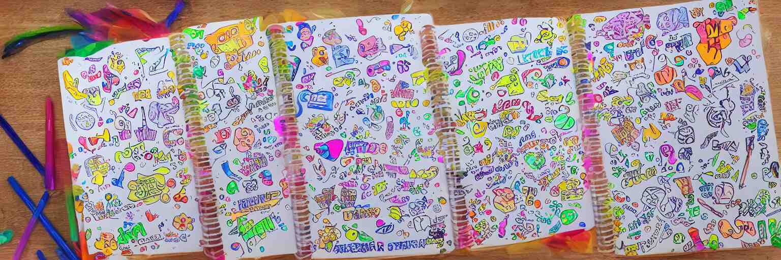 a school notebook covered in doodles, stickers, glitter, and holographic stickers