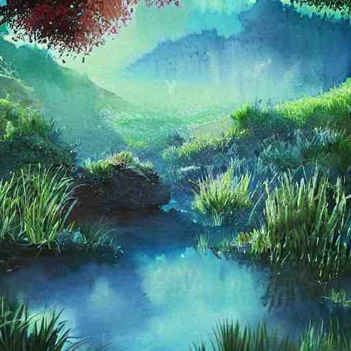 beautiful watercolor of a lush natural scene on a colourful alien planet by vincent bons. ultra sharp high quality digital render. detailed. beautiful landscape. weird vegetation. water. soft colour scheme. grainy. 