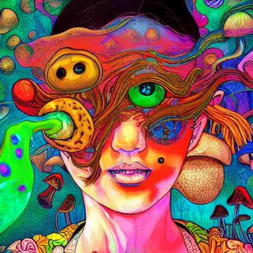 girl with mushrooms, expressive digital art, psychedelic, lsd, by yoshitaka amano, by dan mumford, close - up portrait, trending on artstation, 4 k 