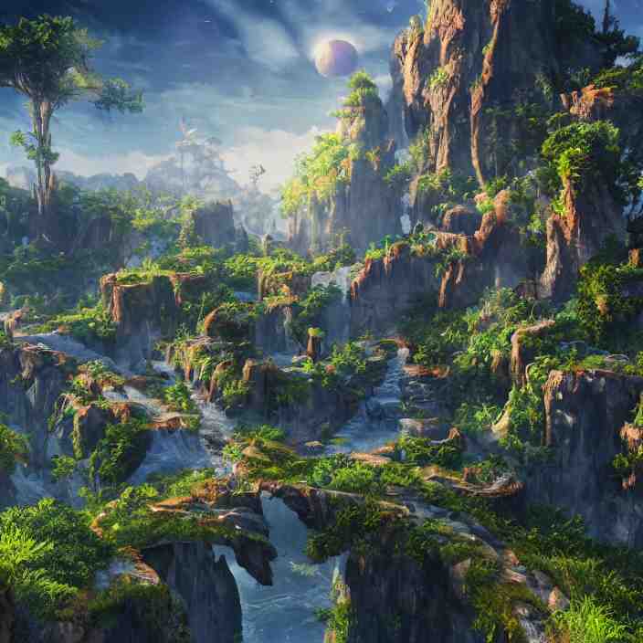 beautiful realistic landscape photo of fantasy mmo world, intricate detailed, innovation, bright modern style, artstation, unreal render, depth of field, ambient lighting, award winning, stunning