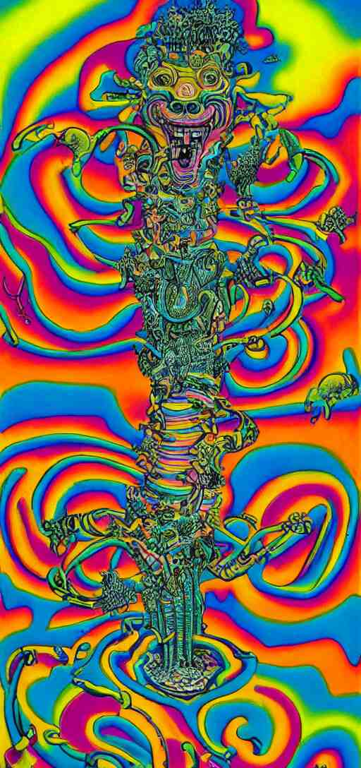 tony the tiger dissolving into neon cereal pieces, cubensis, aztec, basil wolverton, r crumb, hr giger, mc escher, dali, muted but vibrant colors, rainbow tubing 