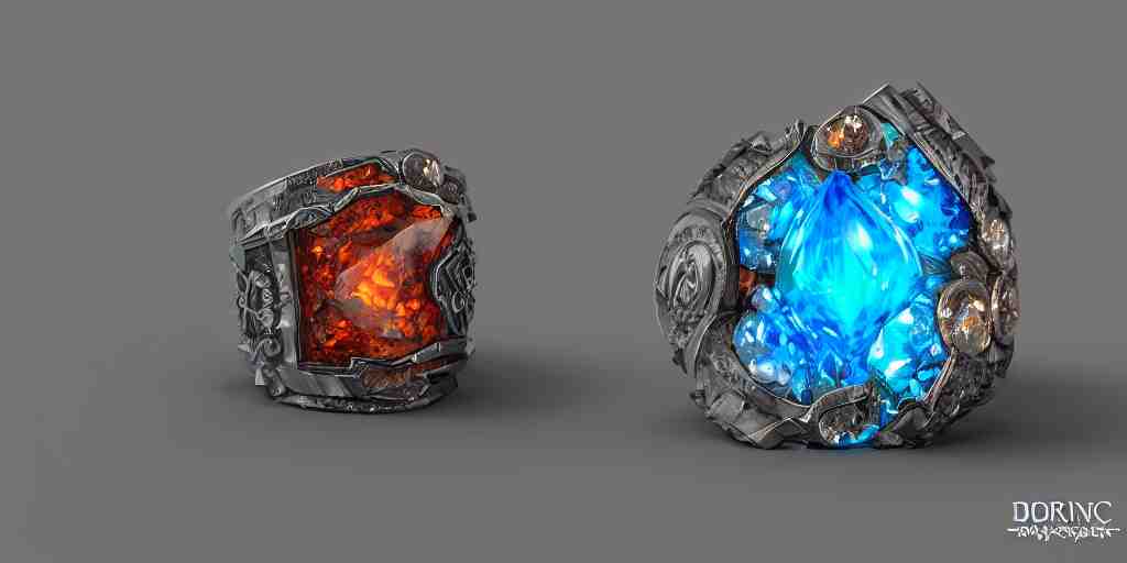 magic crystal ring, fire, stone, crystal, engravings, diamonds, colorful, art by gerald brom, greg rutkowski, photo realism, unreal engine, c 4 d 