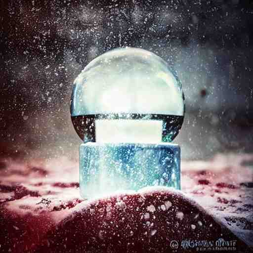 a snow globe with a lightning storm inside. Atmospheric photography. Rich colors, dramatic lighting