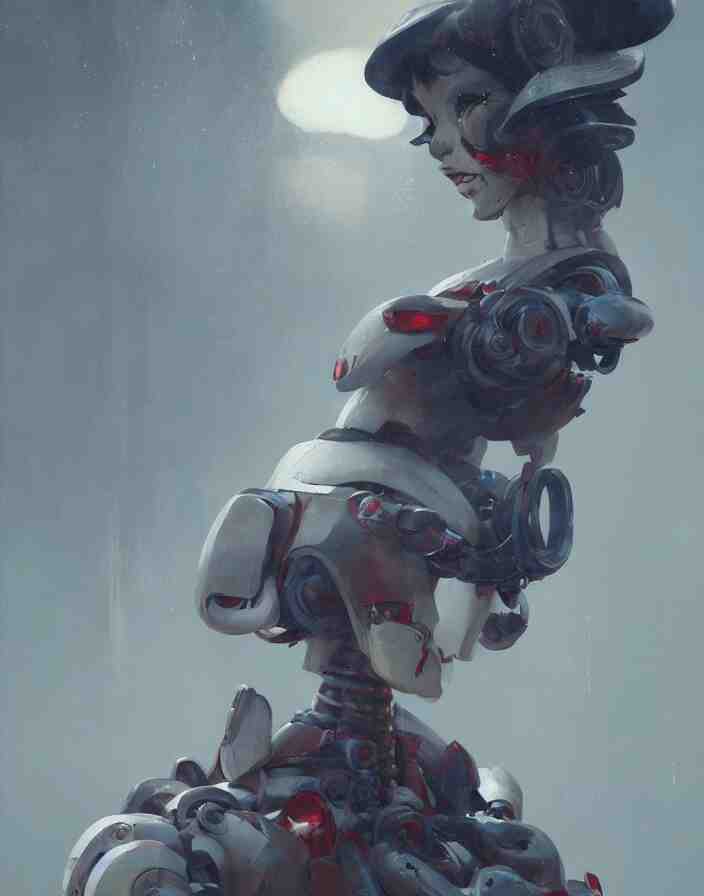 portrait of a geisha robot by greg rutkowski and ruan jia, mecha, washed colors, dark, gloomy, matte painting, unreal engine 5