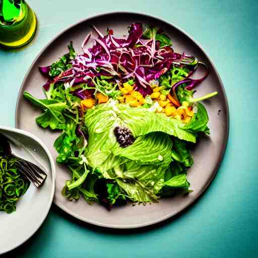 a plate of food made of salad and alien, award winning photographer, food photography 