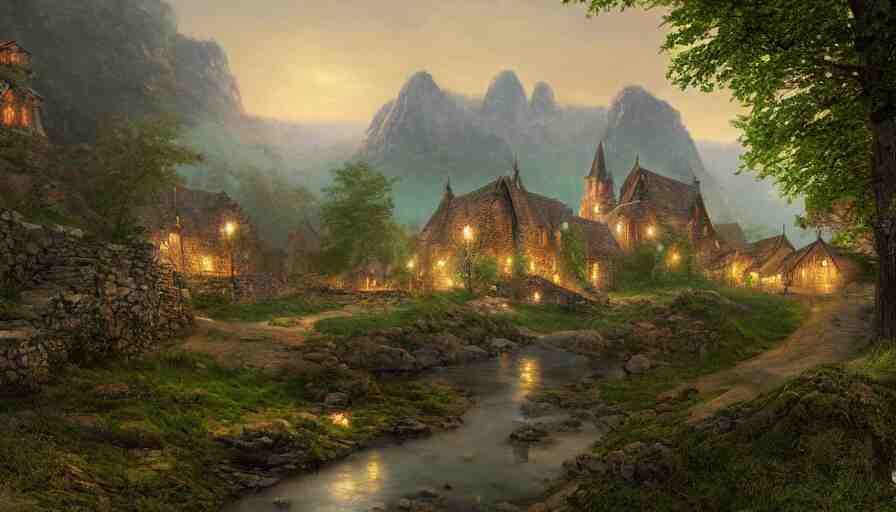 Realistic digital painting of uge English village with humongous king's castle built in green mountains at night, hyperdetailed, artstation, cgsociety, 8k