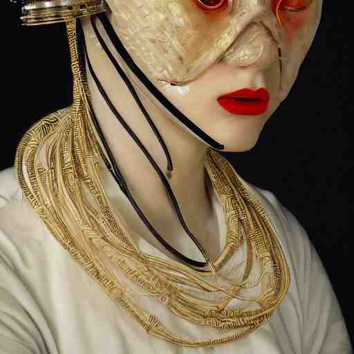 a beautiful futuristic portrait covered by mask made of pearl and wire, necklace made by silk and wires twisted around neck, design by leonardo davinci, inspired by egon schiele, modern art, baroque art jewelry, new classic, hyper realistic, cinematic composition, cinematic lighting, fashion design, concept art, hdri, 4 k - 