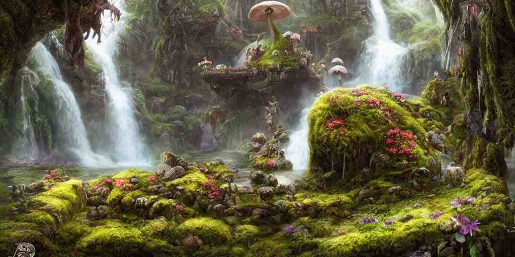 fairyland scenery landscape, lord of the rings, waterfalls, monoliths, flowers, mushroom structures, moss highly detailed, vivid color, perfect lighting, perfect composition, 8 k, brian froud, artgerm, derek zabrocki, greg rutkowski 