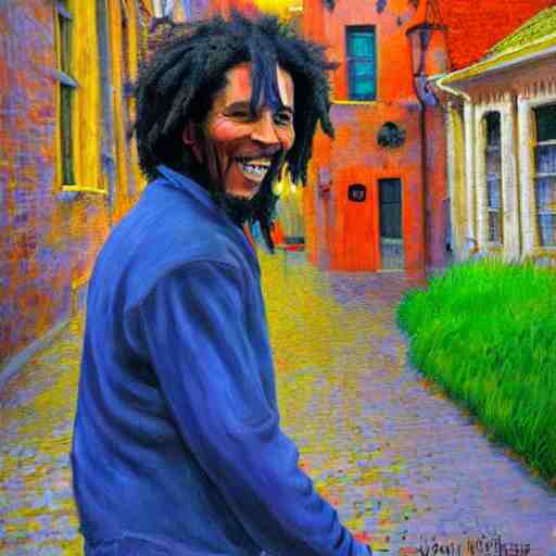 bob marley walking in bruges, painted by victor nizovtsev 