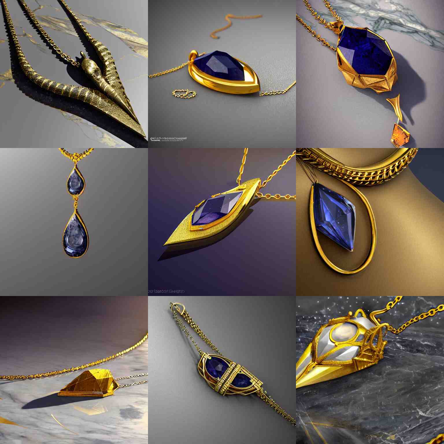 A very highly detailed single large pointed faceted sapphire necklace with a thin gold chain and gold setting, resting on a polished marble countertop, digital rational painting art by Greg Rutkowski, sci-fi highly detailed, digital concept art, sharp focus, realistic concept art by Stephen Hickman and James Gurney and Hiromasa Ogura Ghost in the Shell rendered in Octane Render, From the distance 