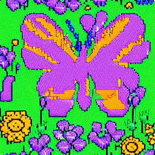 pixel art of a butterfly in a field of wild flowers, ghibli color scheme 