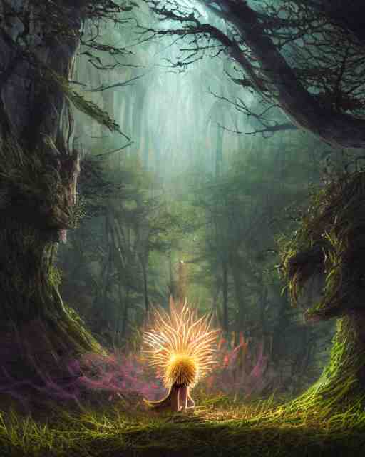 Hedgehog magus, gaia, nature, fairy, forest background, magic the gathering artwork, D&D, fantasy, cinematic lighting, centered, symmetrical, highly detailed, digital painting, artstation, concept art, smooth, sharp focus, illustration, volumetric lighting, epic Composition, 8k, art by Akihiko Yoshida and Greg Rutkowski and Craig Mullins, oil painting, cgsociety