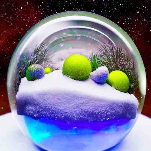 alien planet, lush with fluorescent mushrooms encapsulated in a snow globe, high detail, photorealistic 