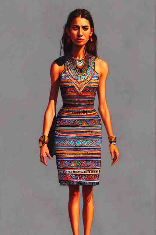 full body photo of a gorgeous young woman wearing an aztec dress in the style of stefan kostic, realistic, sharp focus, 8k high definition, insanely detailed, intricate, elegant, art by stanley lau and artgerm