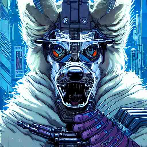 portrait of a cybernetic werewolf warrior with white fur and power armor, cyberpunk concept art by josan gonzales and moebius and enki bilal and and dan mumford and jean claude meziere and philippe druilleg 