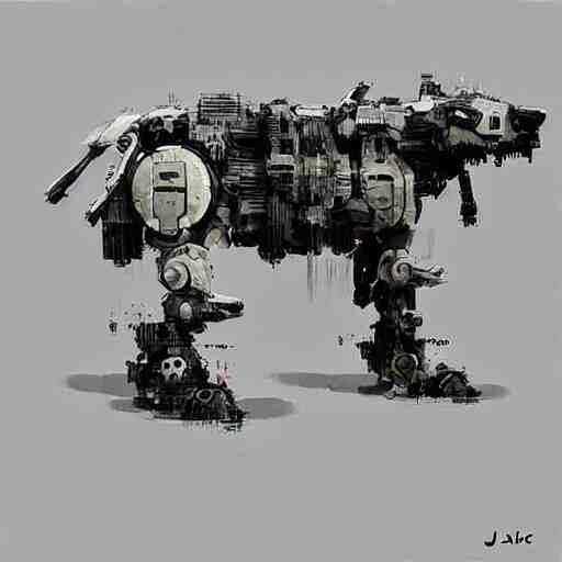 dog type mech made of white plastic art by jakub rozalski 