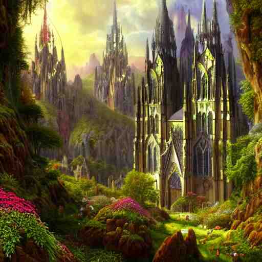 a beautiful and highly detailed matte painting of a beautiful cathedral in a magical fantasy valley in the mountains, psychedelic trees and plants and flowers, celtic vegetation, epic scale, insanely complex, hyperdetailed, sharp focus, hyperrealism, artstation, cgsociety, 8 k, bright colors, by caspar friedrich, albert bierstadt, james gurney, brian froud, 