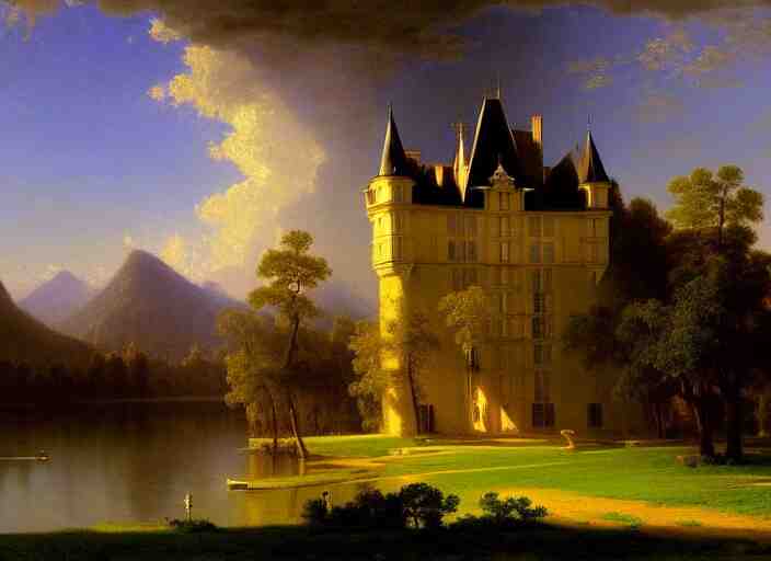 beautiful illustration of chateau in a serene landscape, by albert bierstadt, magic realism, narrative realism, beautiful matte painting, heavenly lighting, retrowave, 4 k hd wallpaper h 7 2 0 