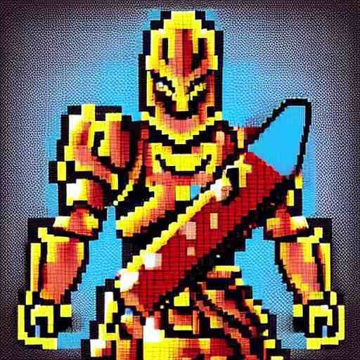 warrior wearing heavy plate armor and holding a giant sword, pixel art, vibrant colors, 