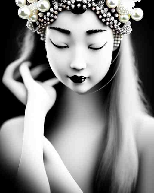 black and white dreamy young beautiful crowned female artificial intelligence, crown is full of flowers and pearls, realistic pearl ornament in the face, long hair are intricate with highly detailed realistic pearls, cinematic, rim light, bokeh, photo - realistic, elegant, high detail, 8 k, masterpiece, photo taken in 1 9 3 0 